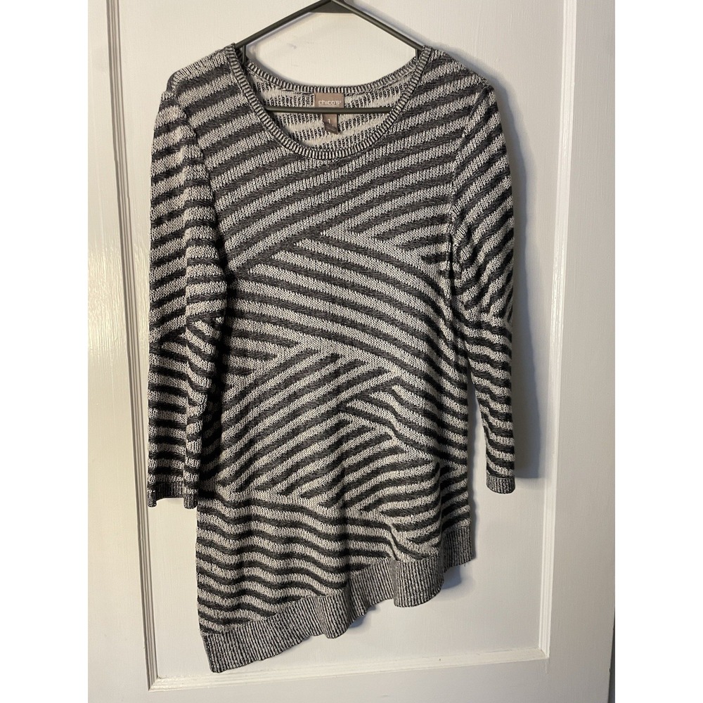 Chico's 1 Size Medium White Black Striped Assymetrical Hem Shirt Sweater